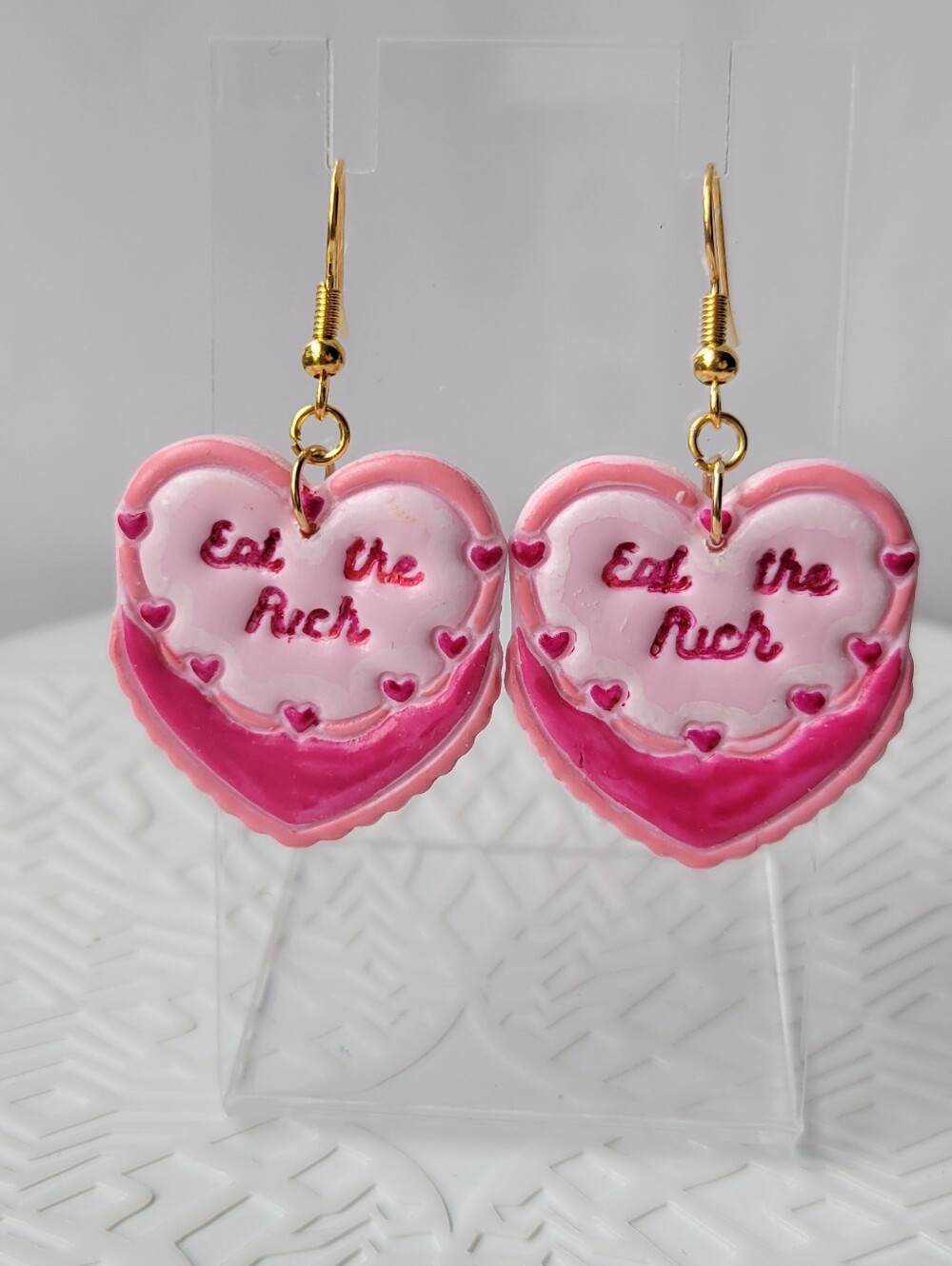 Handmade Pink Heart 'Eat the Rich' Drop Earrings